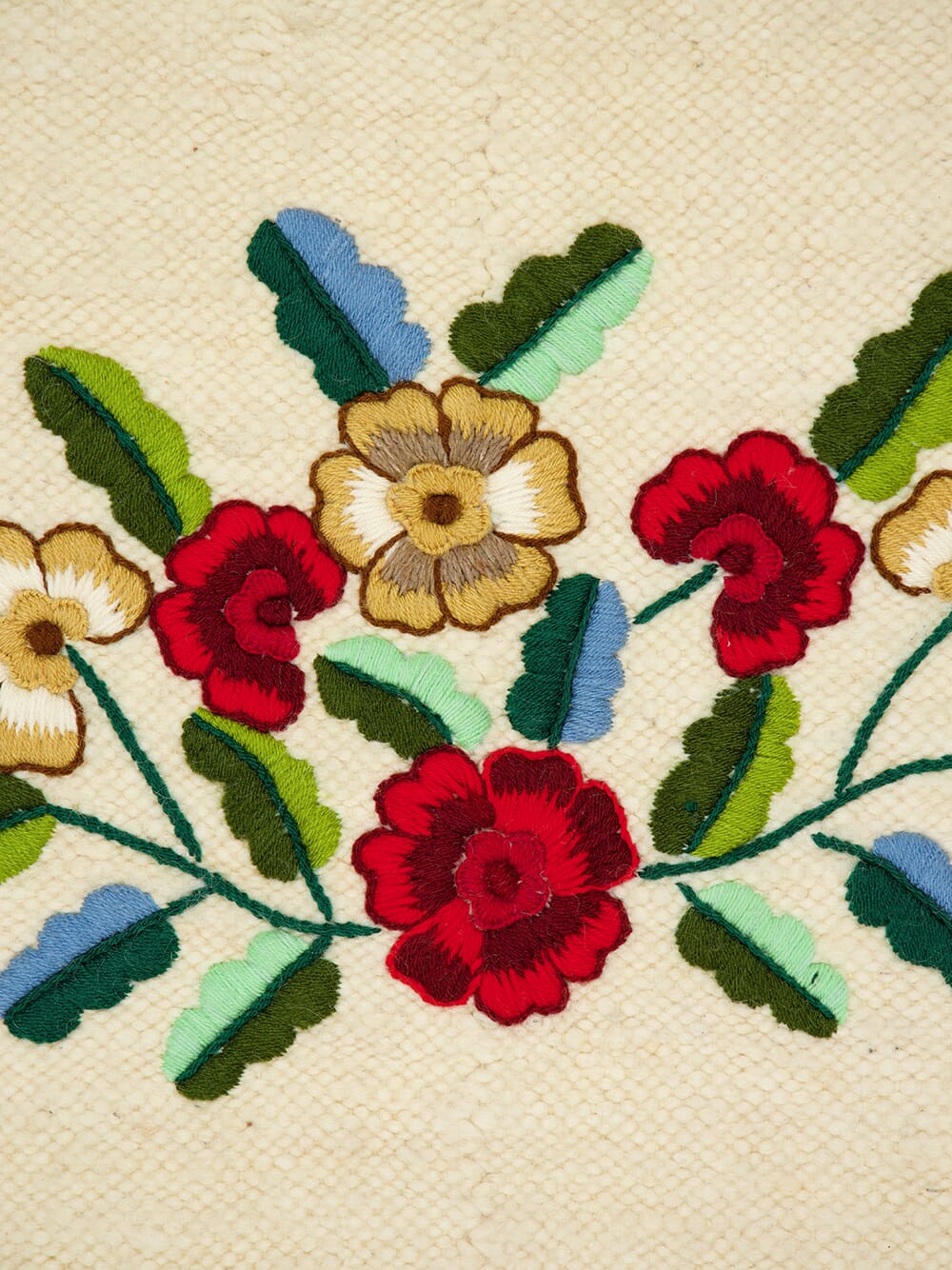Hand-Embroidered Mécia Natural Wool Flower and Leaf Embroidered Blanket