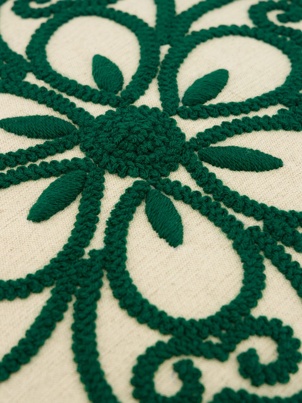 Handmade Florea Natural Linen and Dark Green Embroidered Cushion