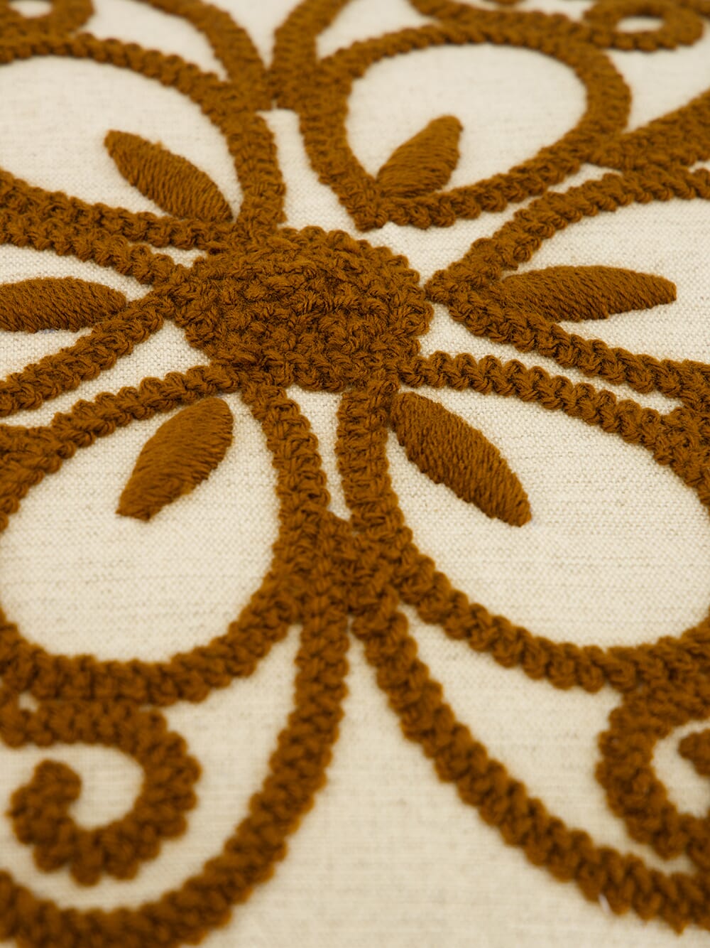 Handmade Florea Natural Linen and Brown Embroidered Cushion