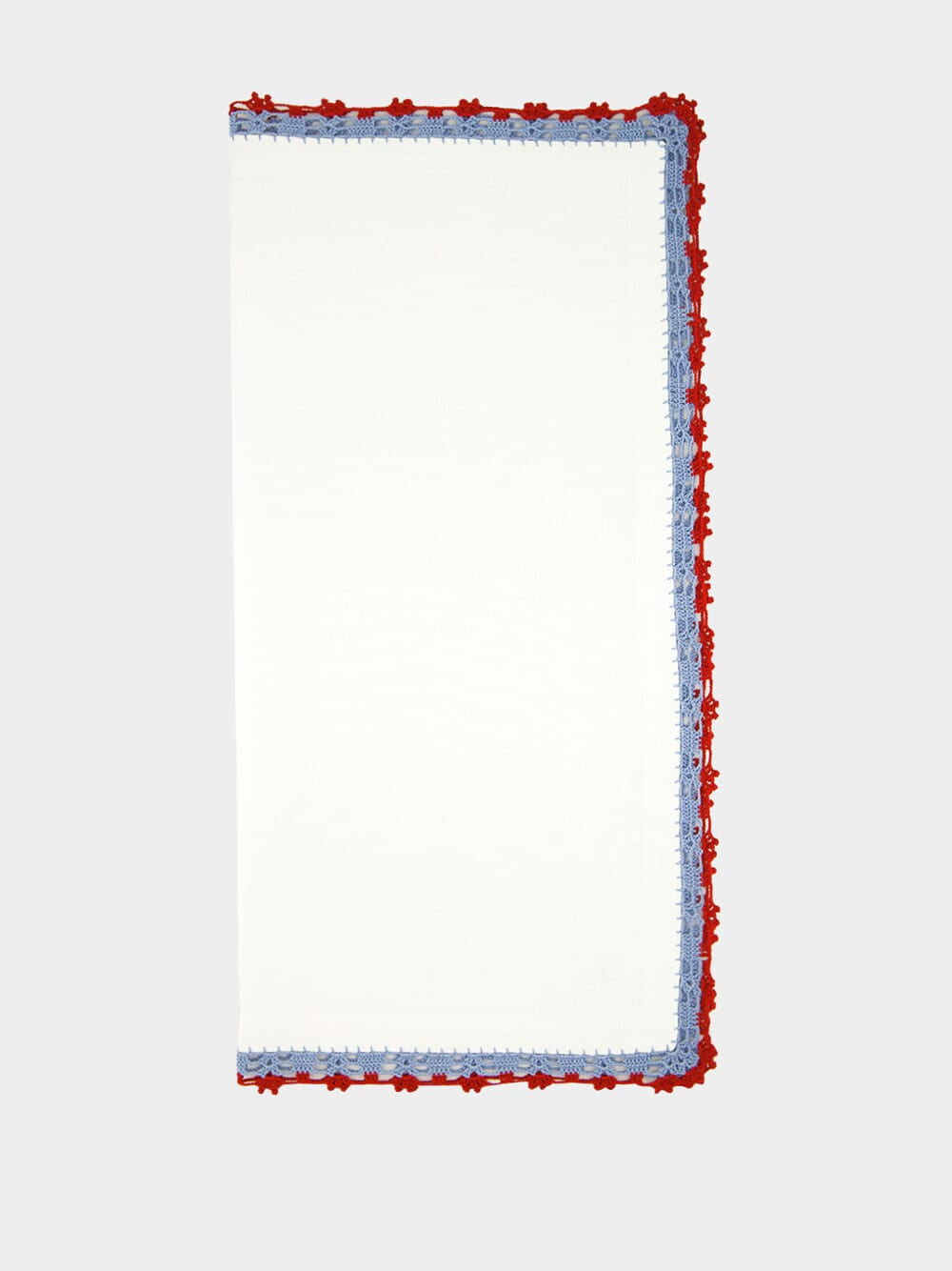 Hand-Embroidered Leonor Ecru Linen with Blue and Bordeaux Crochet Napkin