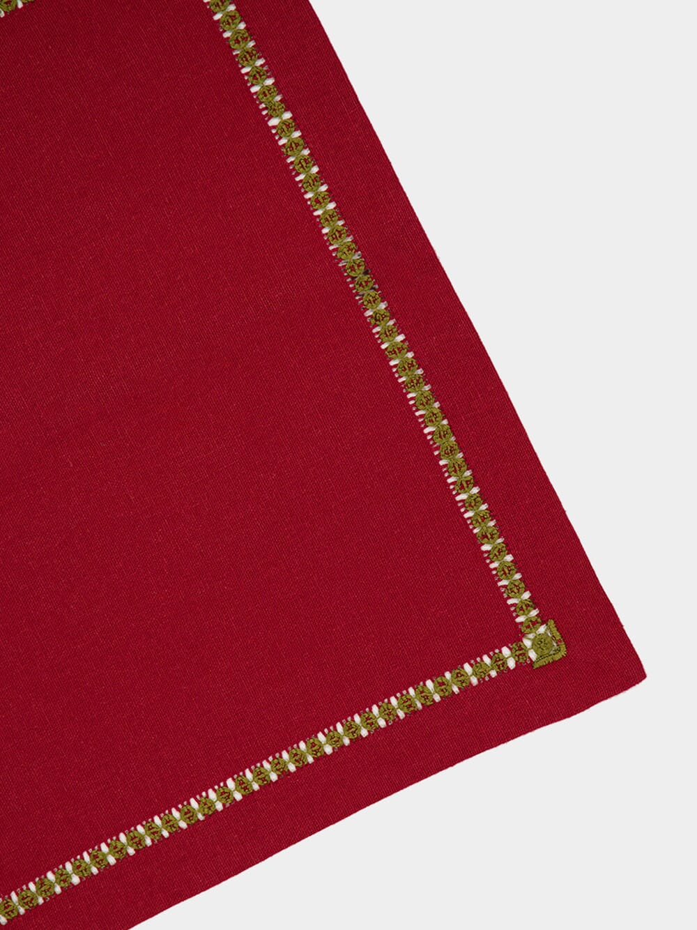 Hand-Embroidered Maria Bordeaux Linen with Green Embroidery Napkin