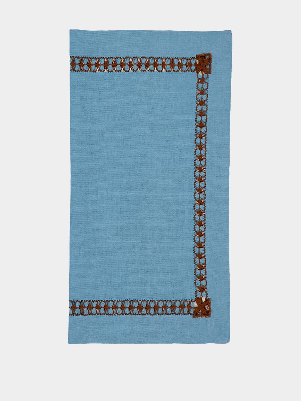 Hand-Embroidered Maria Turquoise Linen with Brown Embroidery Napkin