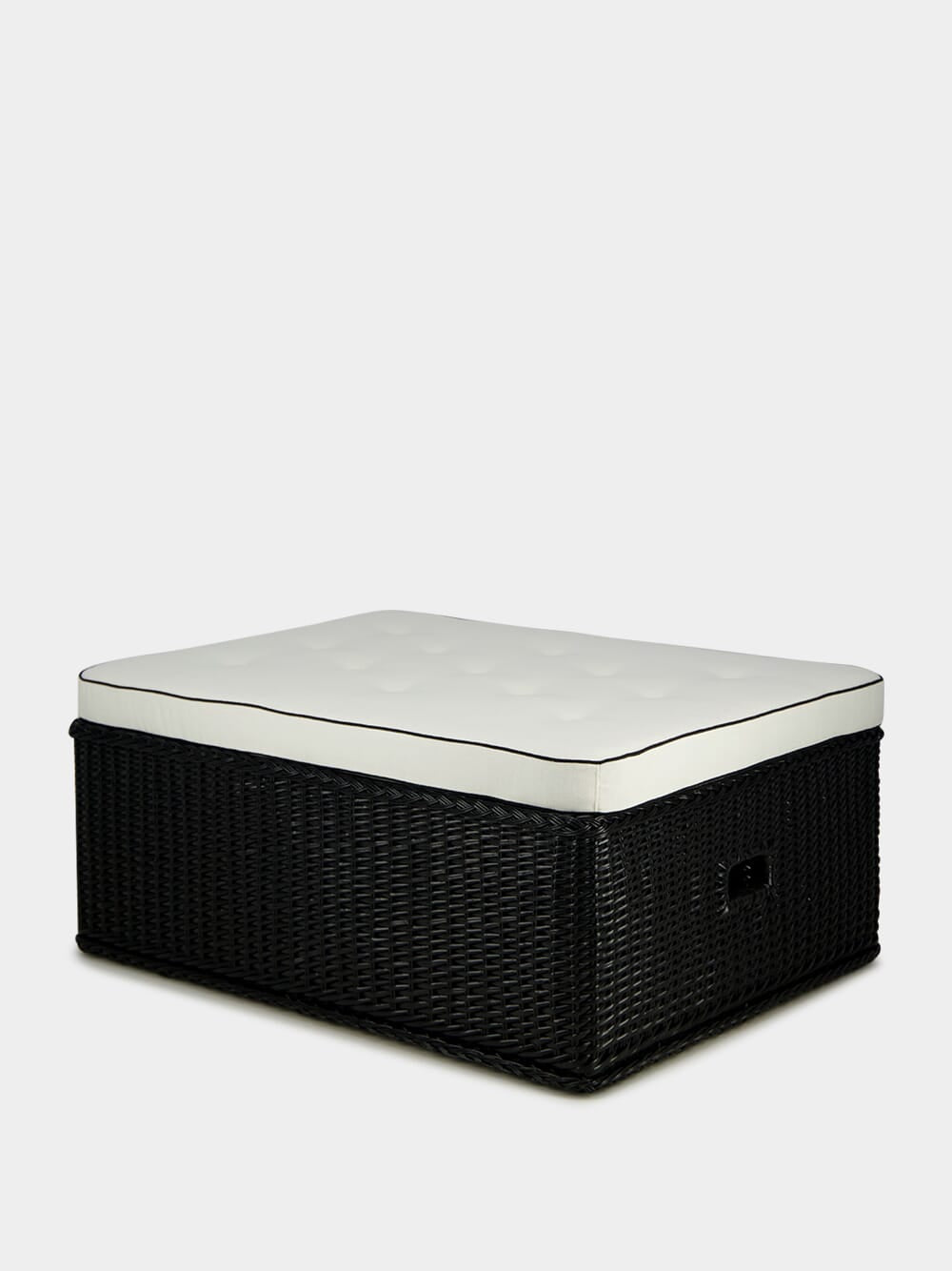 Handmade Furnas Black Wicker and Ivory Linen Ottoman