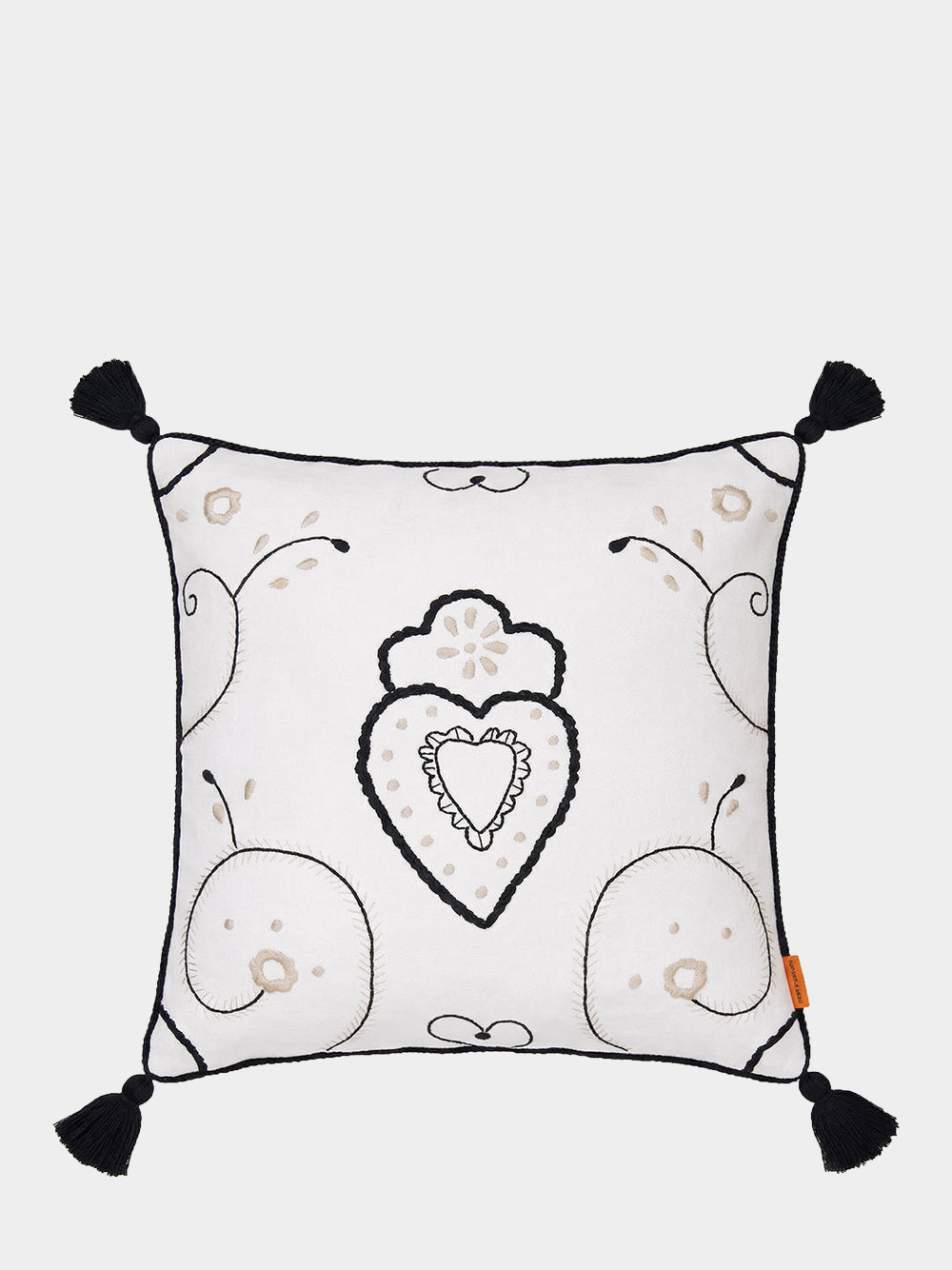 Hand-Embroidered Viana Ivory Linen with Black Embroidery Cushion