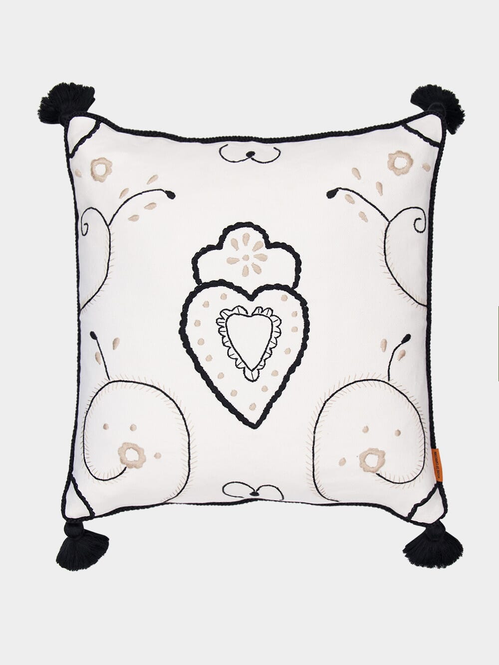 Hand-Embroidered Viana Ivory Linen with Black Embroidery Cushion