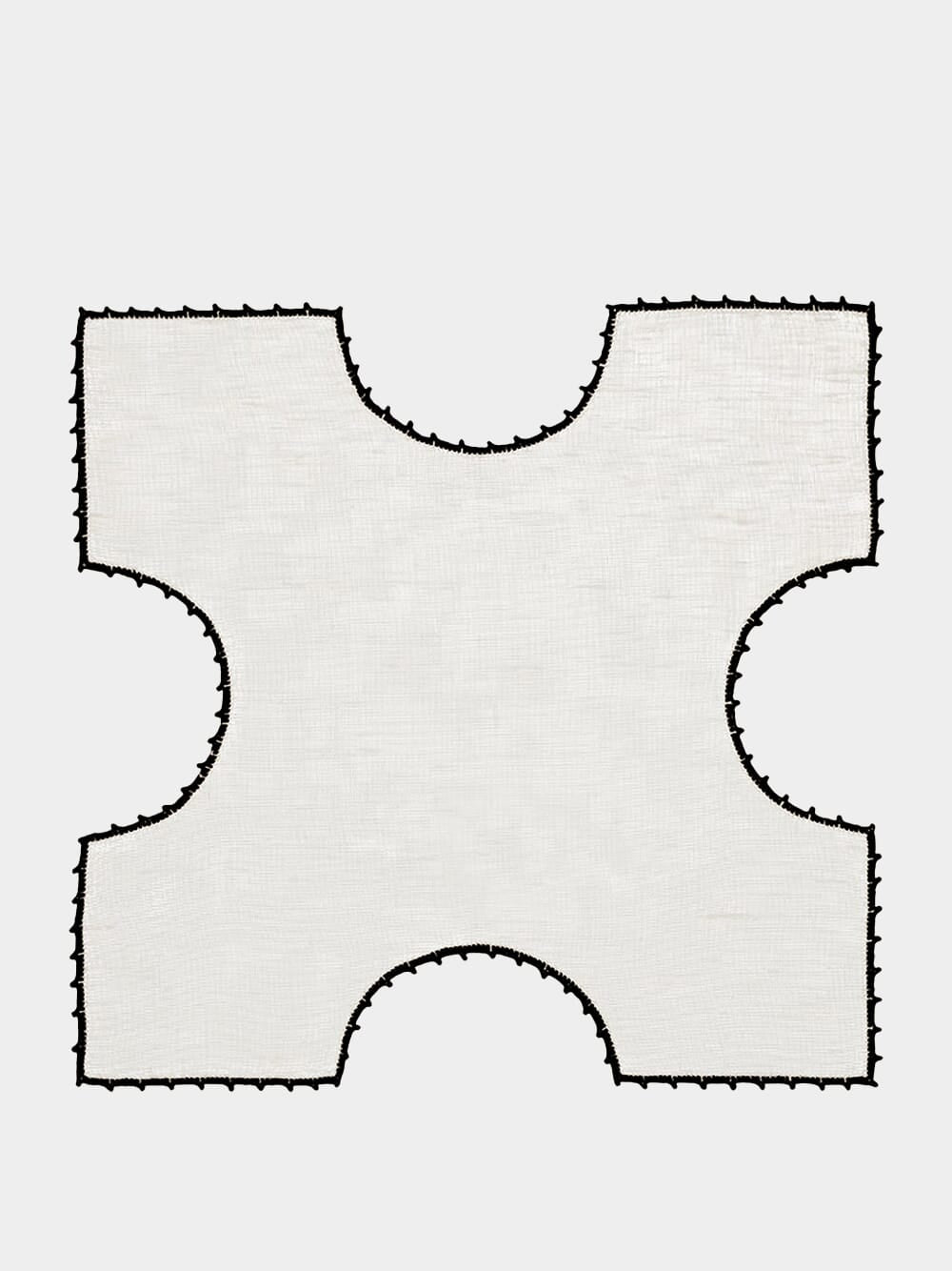 Hand-Embroidered Teresa White Linen With Black Crochet Bread Basket Cloth