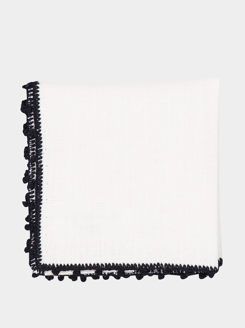 Hand-Embroidered Teresa White Linen With Black Crochet Cocktail Napkin