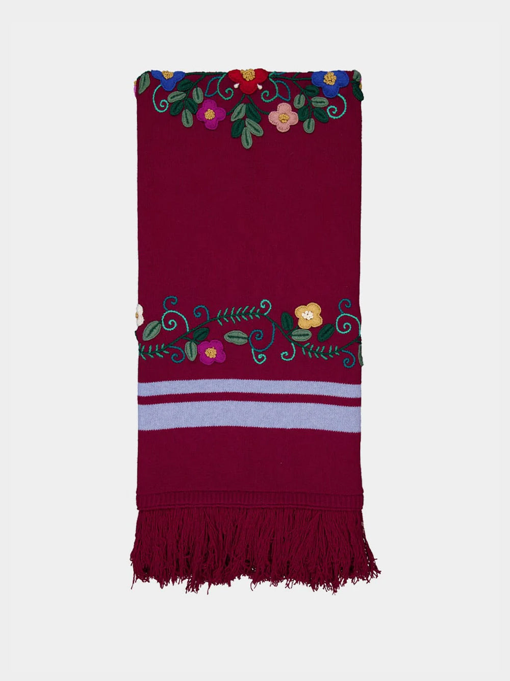 Hand-Embroidered Frésia Bordeaux Wool Blanket