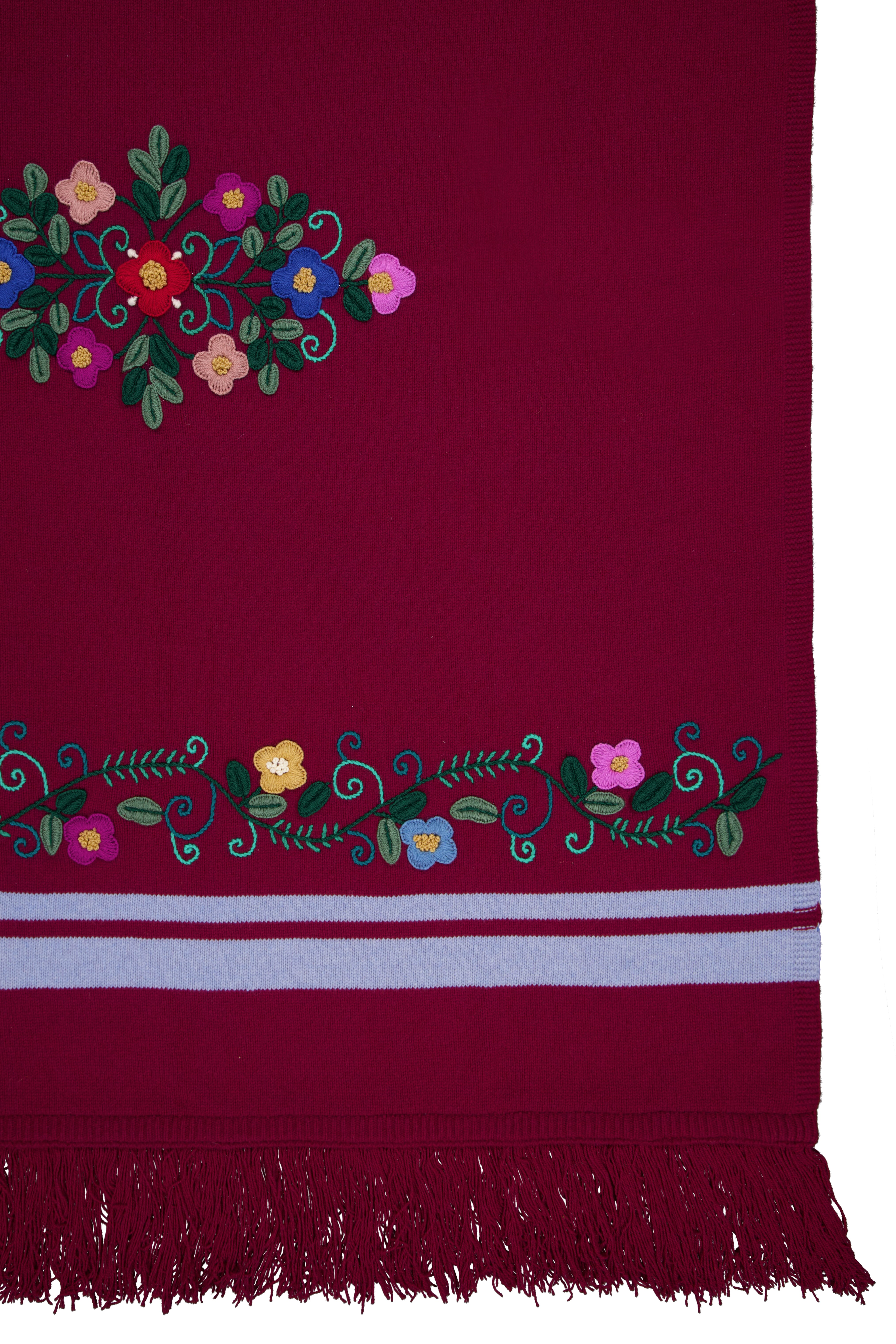 Hand-Embroidered Frésia Bordeaux Wool Blanket