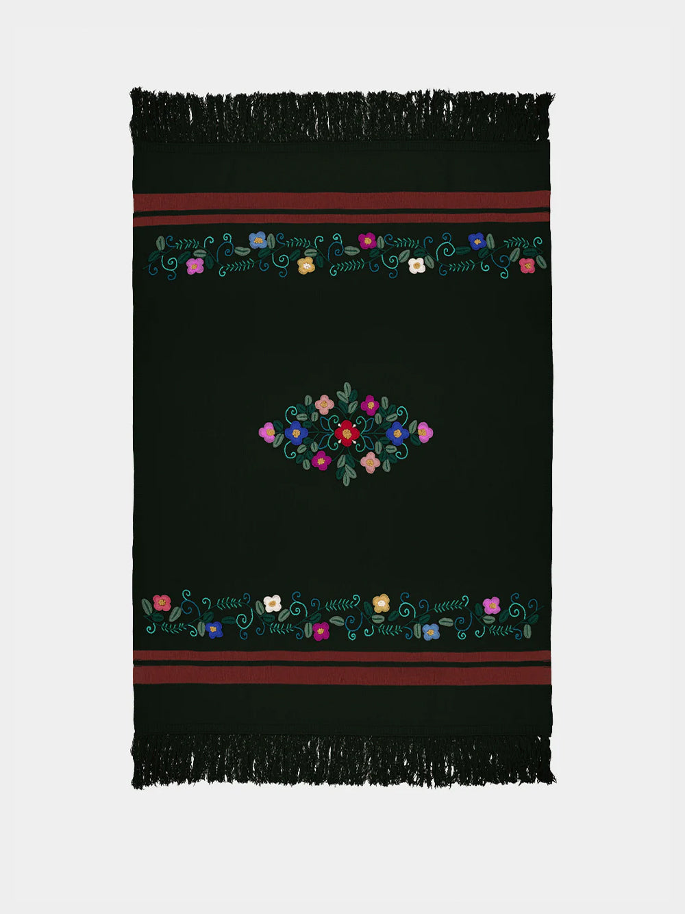 Hand-Embroidered Frésia Dark Green Wool Blanket