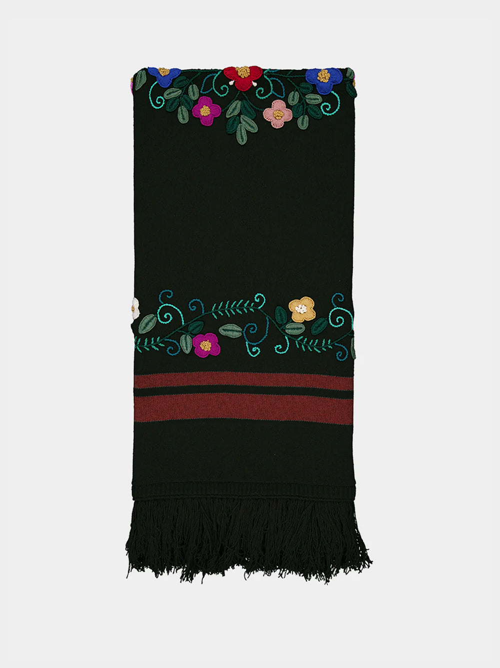 Hand-Embroidered Frésia Dark Green Wool Blanket