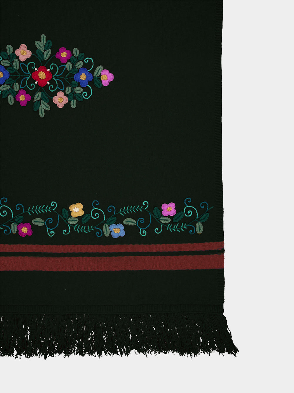 Hand-Embroidered Frésia Dark Green Wool Blanket