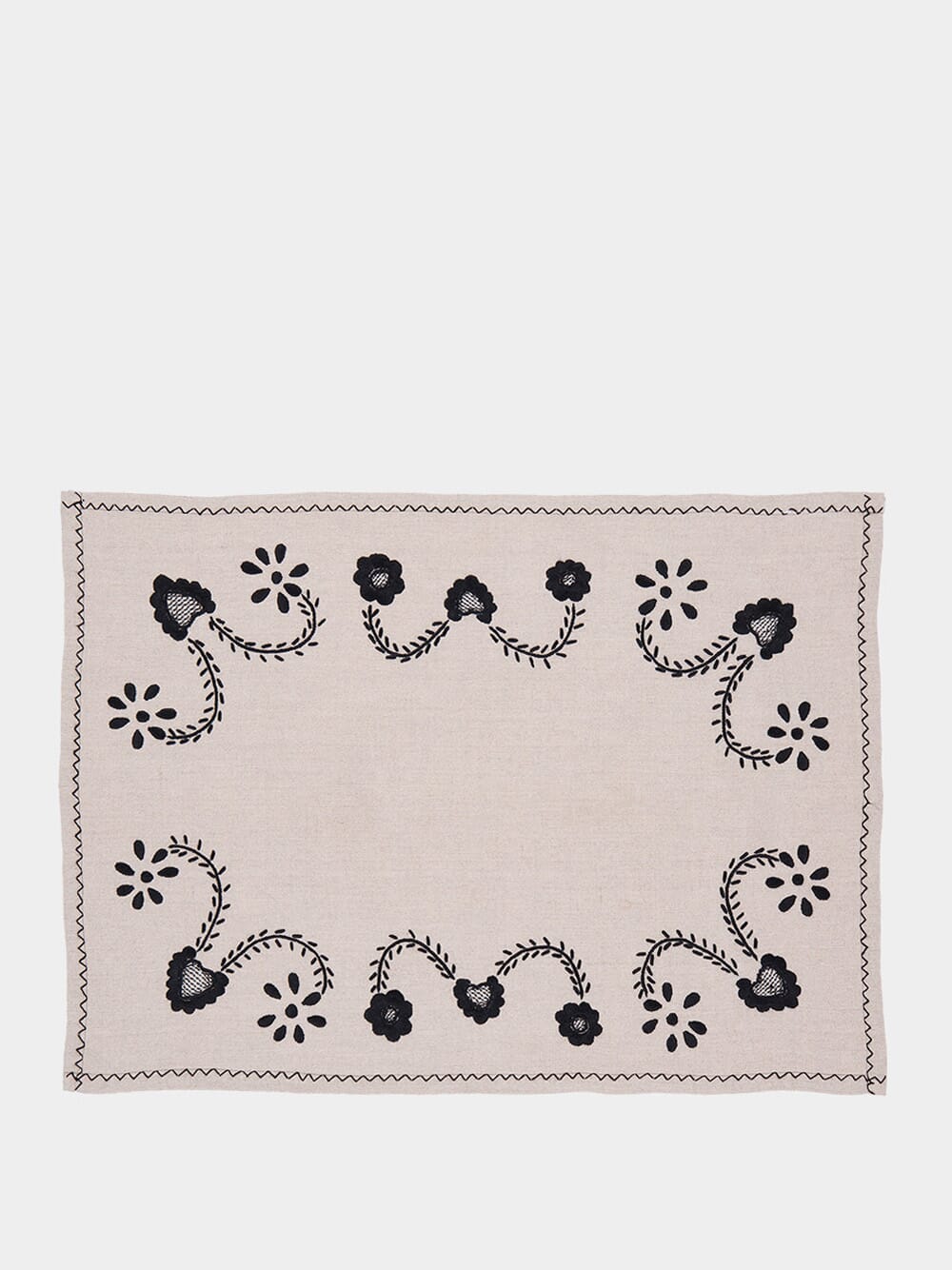 Hand-Embroidered Viana Beige Linen With Black Embroidery Placemat and Napkin Set