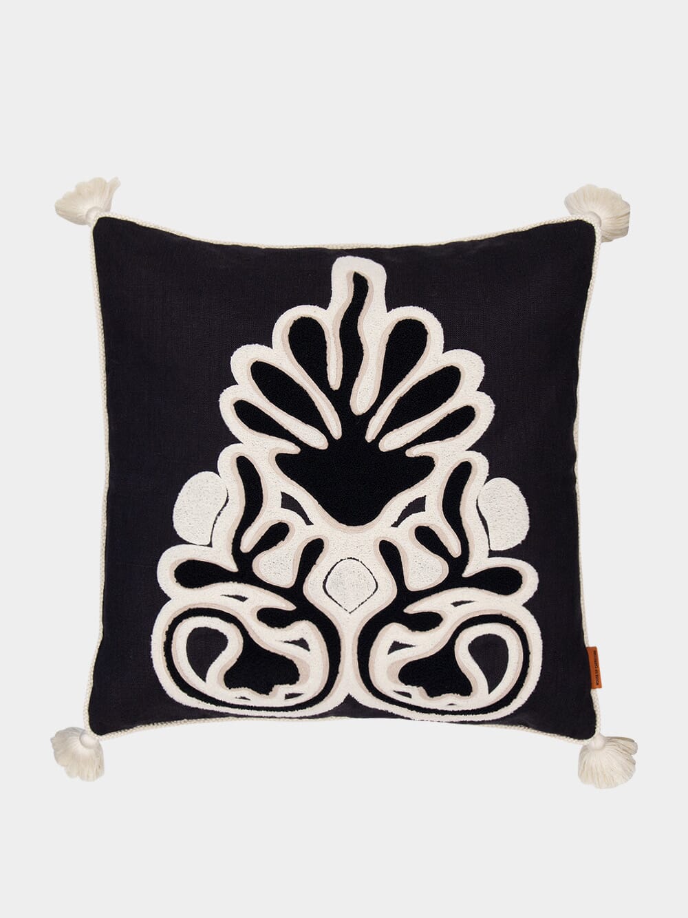 Teles Black Linen and Chenille Embroidered Cushion