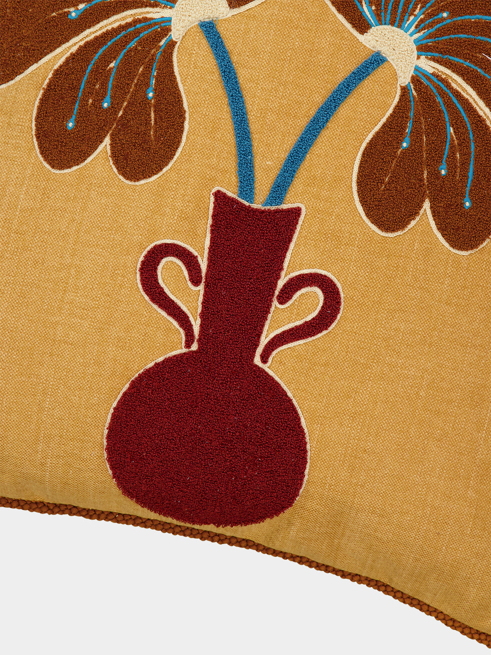 Teles Mustard Cotton Linen and Chenille Embroidered Cushion