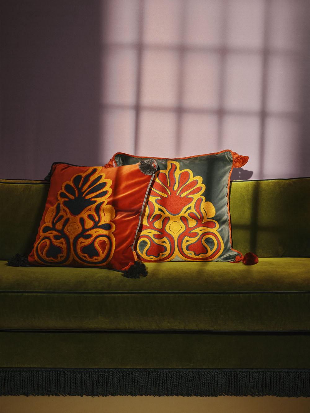 Teles Blue Velvet and Chenille Embroidered Cushion