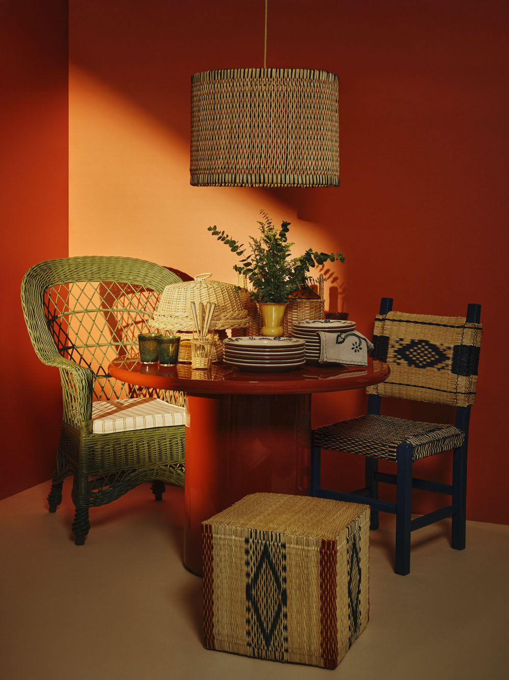 Handmade Coruche Natural and Multicolour Reed Ottoman