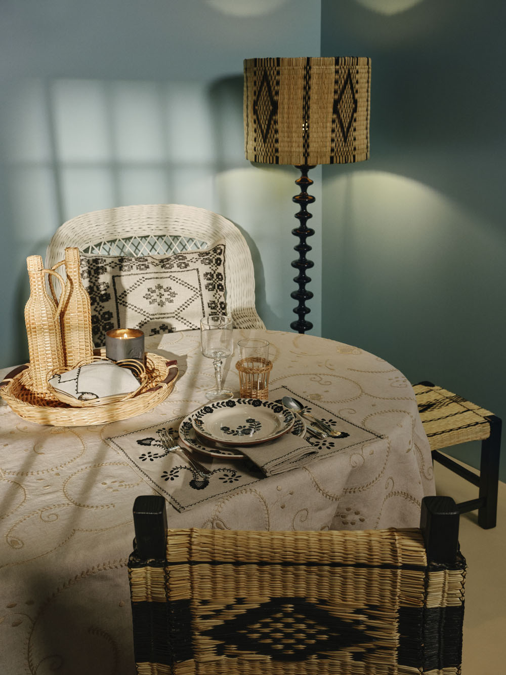 Hand-Embroidered Viana Beige Linen with Beige Embroidery Tablecloth and Napkin Set