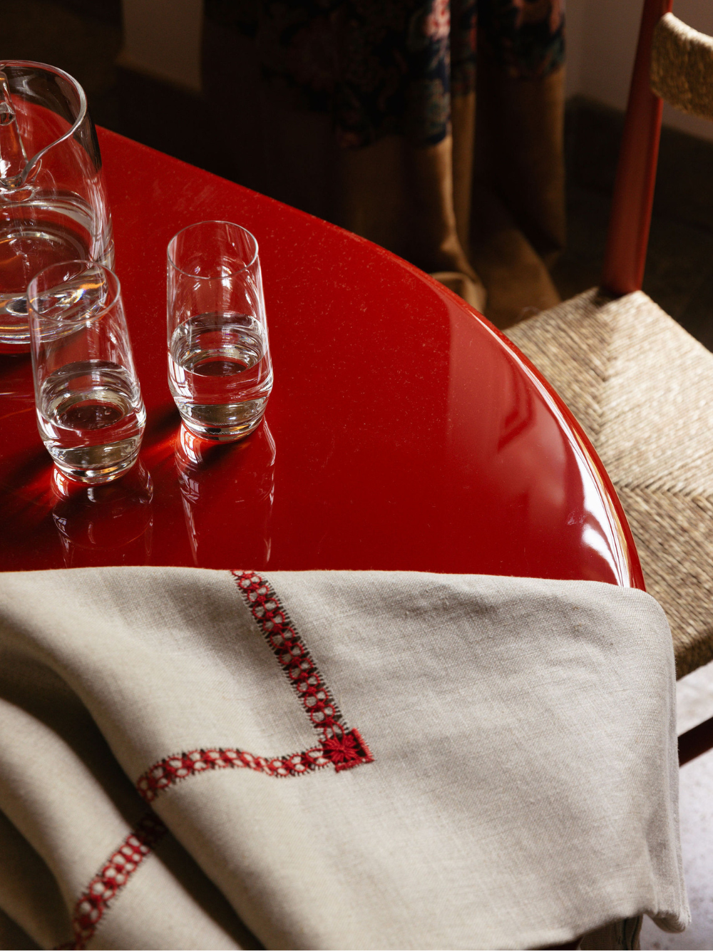 Hand-Embroidered Maria Natural Linen with Red Embroidery Tablecloth