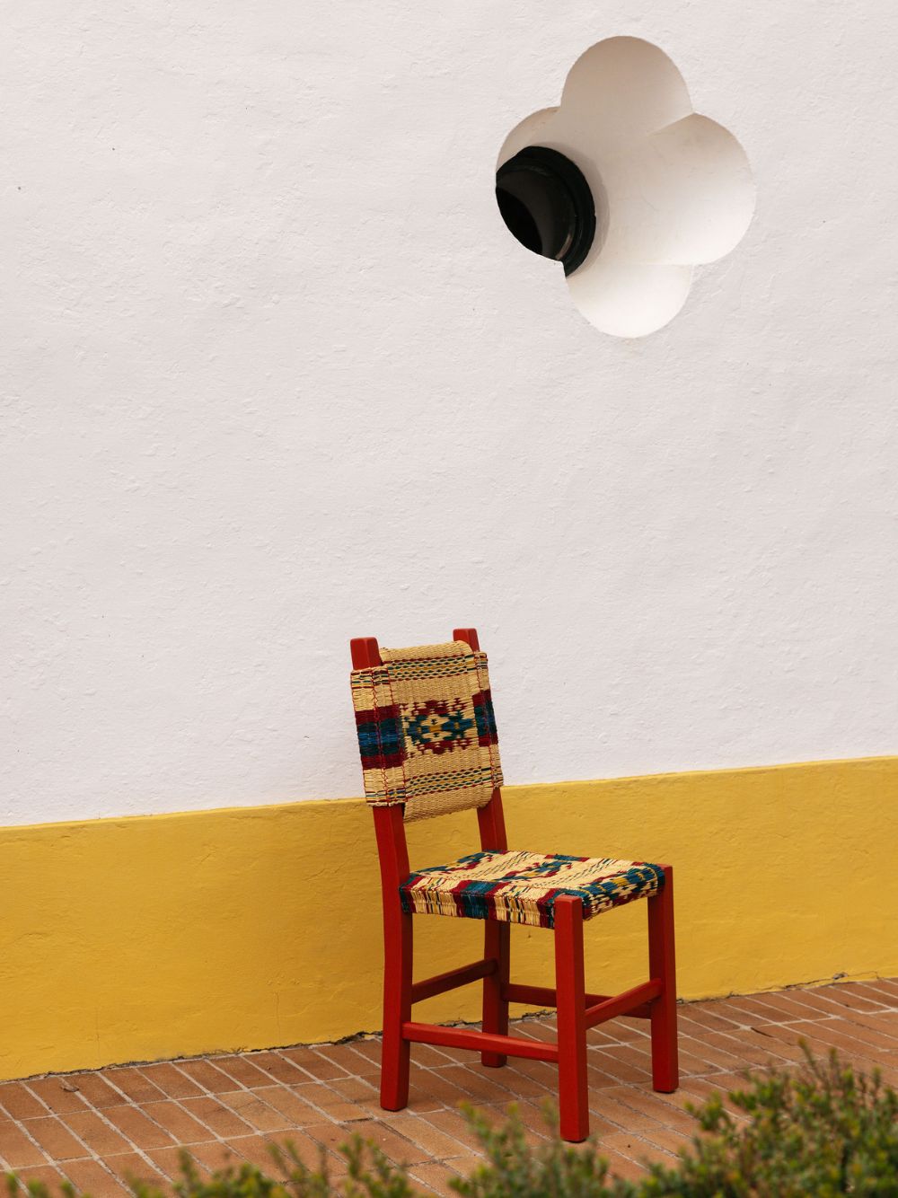 Handmade Coruche Red Wood and Multicoloured Reed Dining Chair