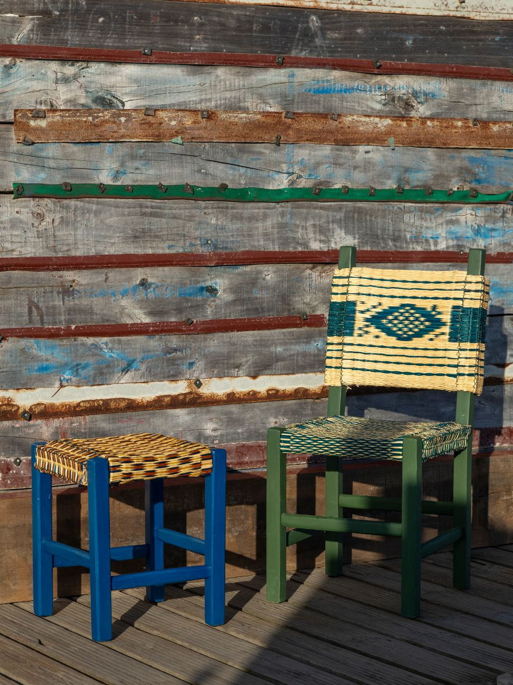 Handmade Coruche Blue Wood and Multicoloured Reed Stool