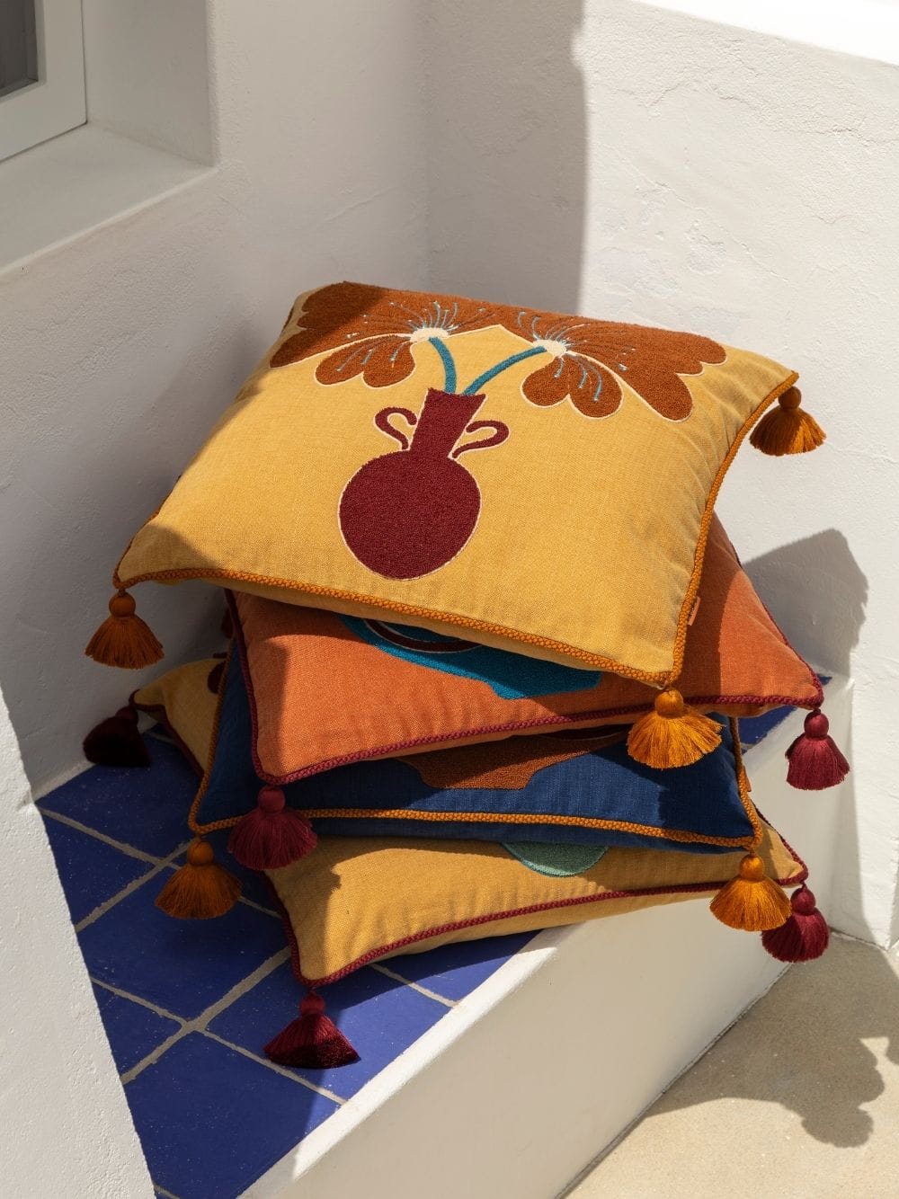Teles Mustard Cotton Linen and Chenille Embroidered Cushion