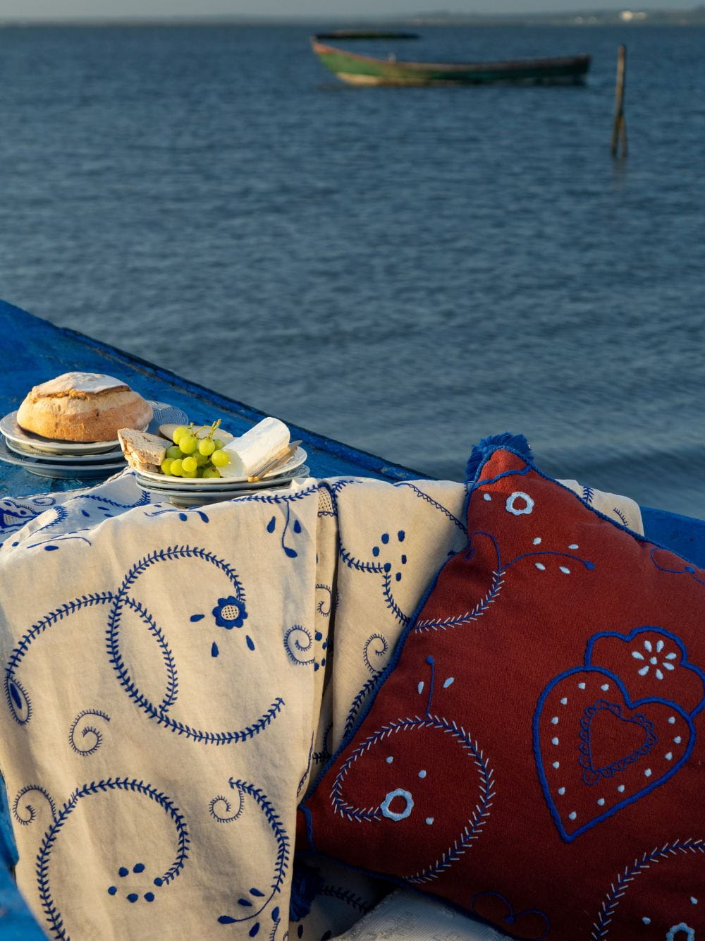 Hand-Embroidered Viana Bordeaux Linen with Blue Embroidery Cushion