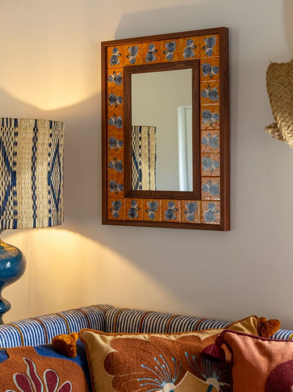 Hand-Painted Comporta Multicolour Wood and Tile Small Mirror