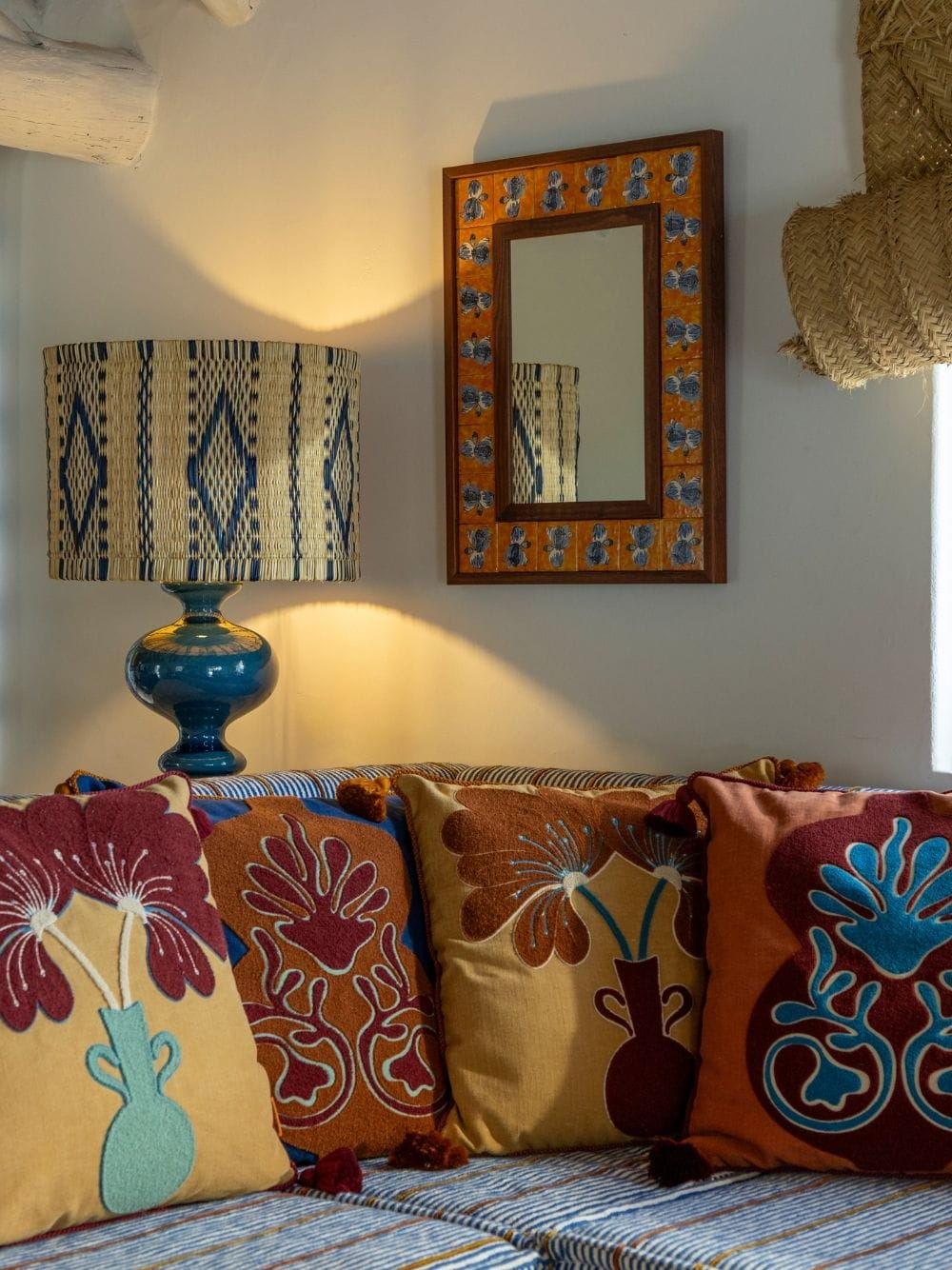 Hand-Painted Comporta Multicolour Wood and Tile Small Mirror