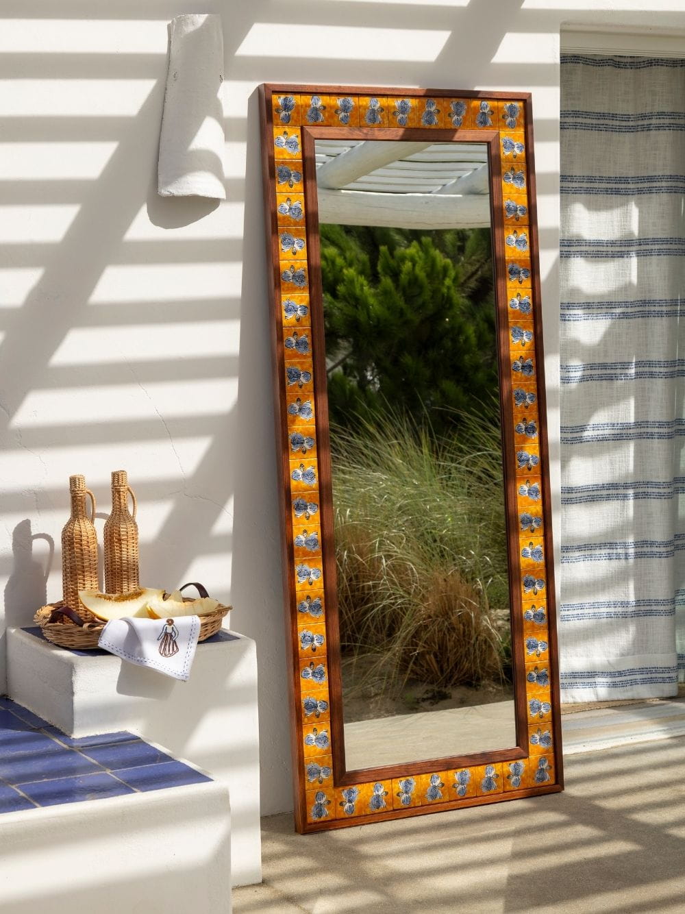 Hand-Painted Comporta Multicolour Wood and Tile Large Mirror