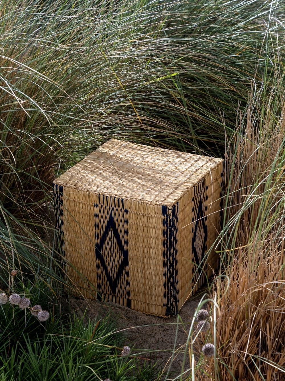 Handmade Coruche Natural and Blue Reed Ottoman