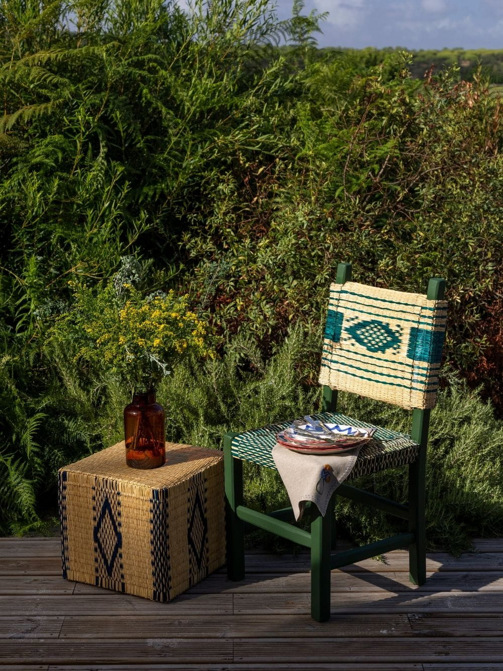 Handmade Coruche Natural and Blue Reed Ottoman