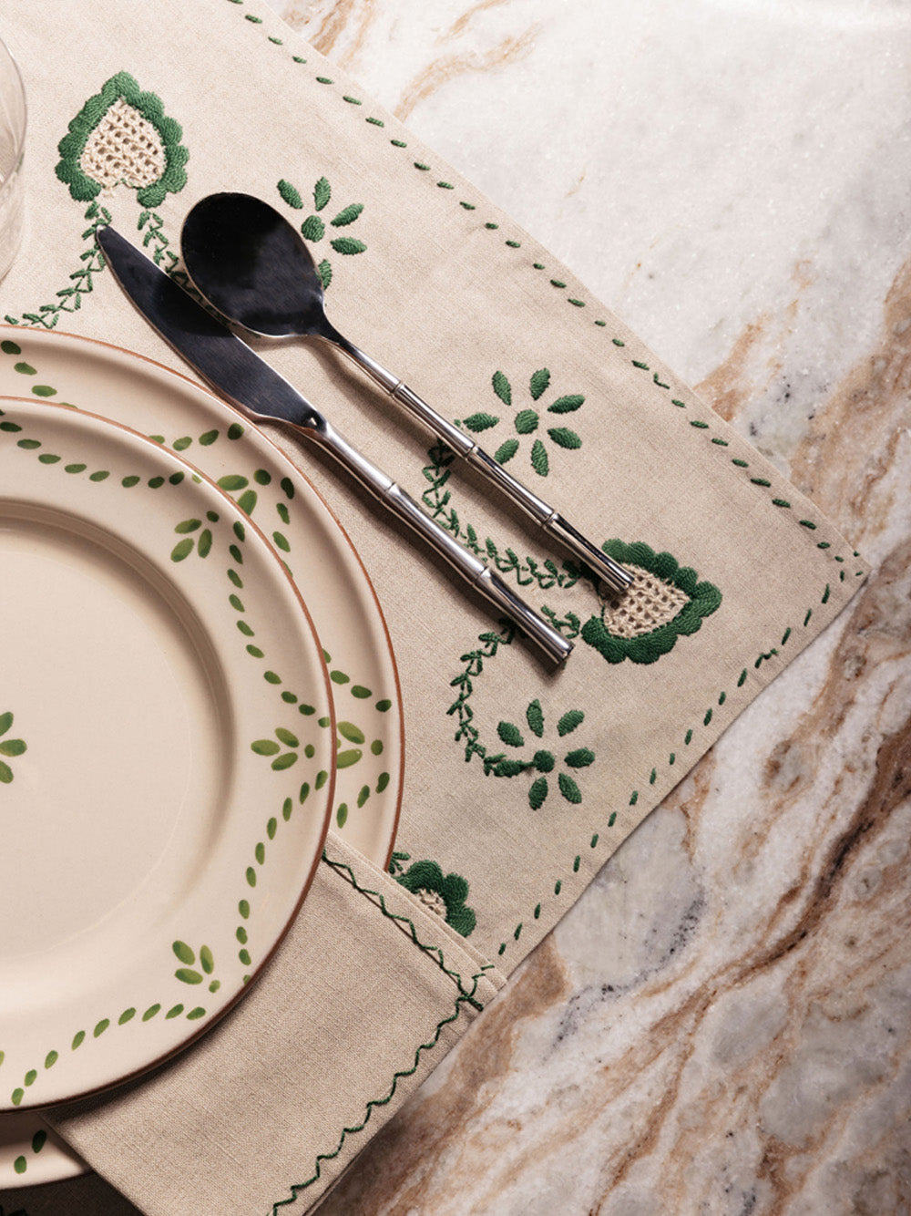 Hand Embroidered Viana Beige and Green Placemat and Napkin Set