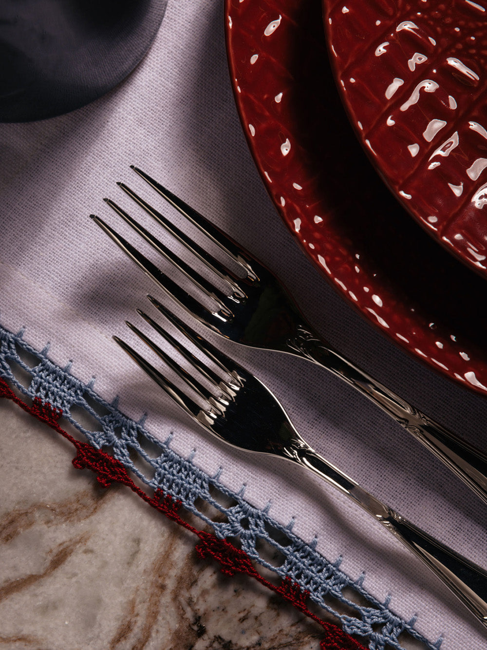 Hand Embroidered Leonor Blue and Bordeaux Linen Placemat