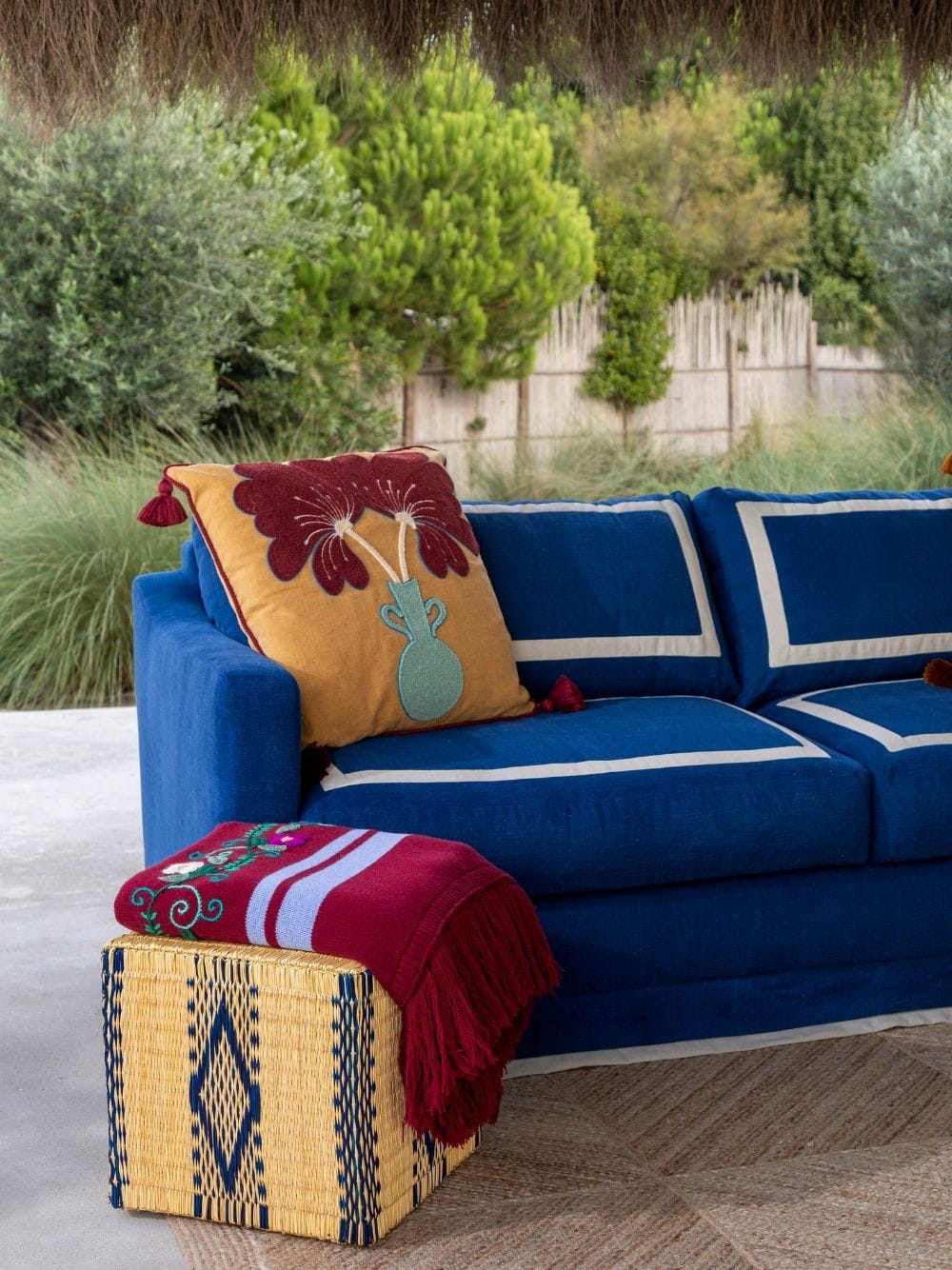Teles Mustard Cotton Linen and Chenille Embroidered Cushion