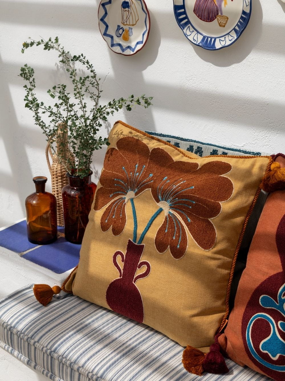Teles Mustard Cotton Linen and Chenille Embroidered Cushion
