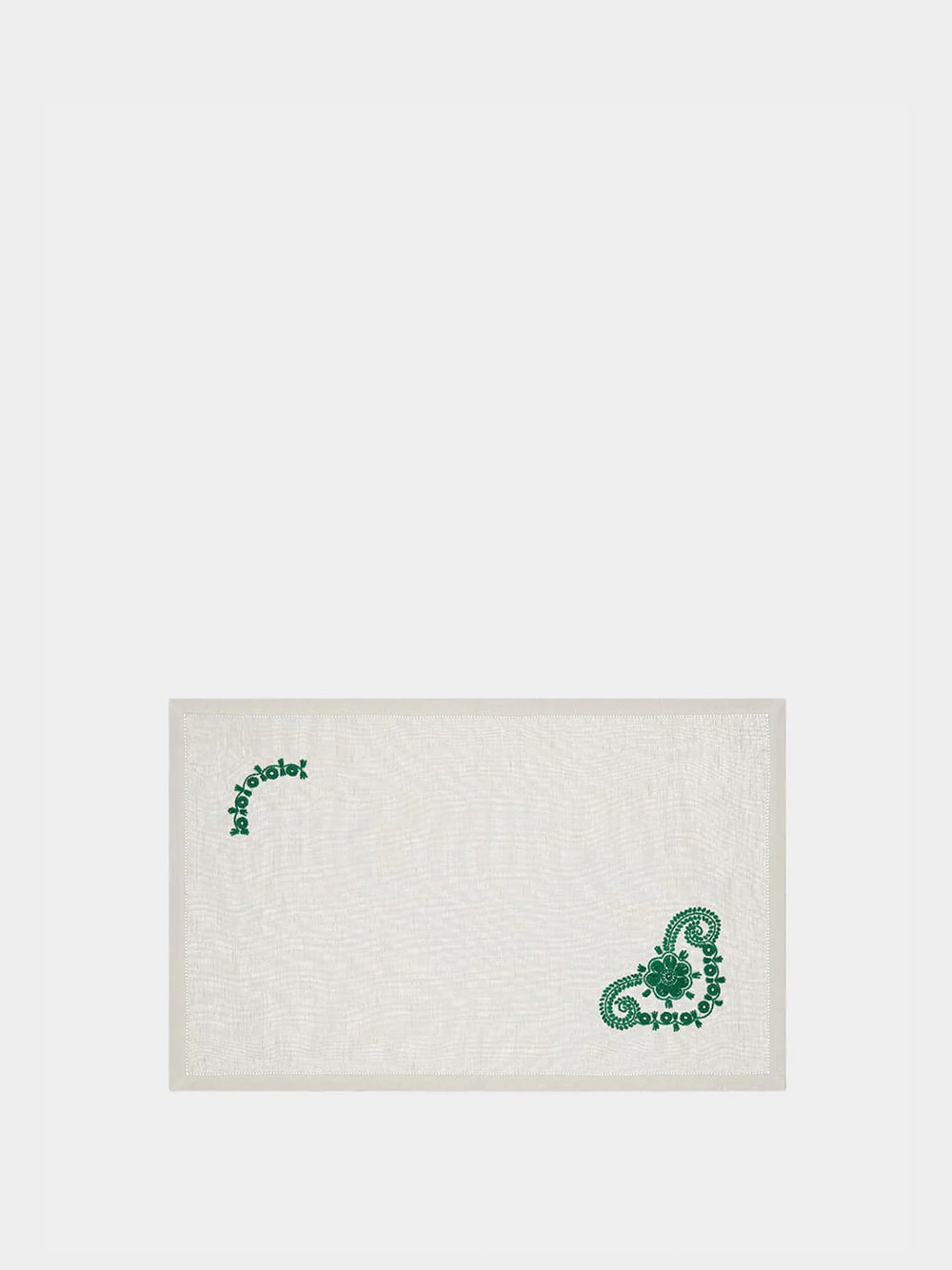 Hand-Embroidered Teresa White Linen with Green Embroidery Placemat