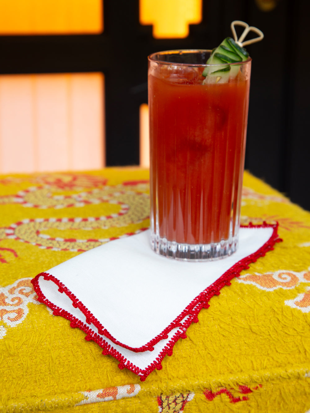 Hand Embroidered Teresa White and Red Cocktail Napkin