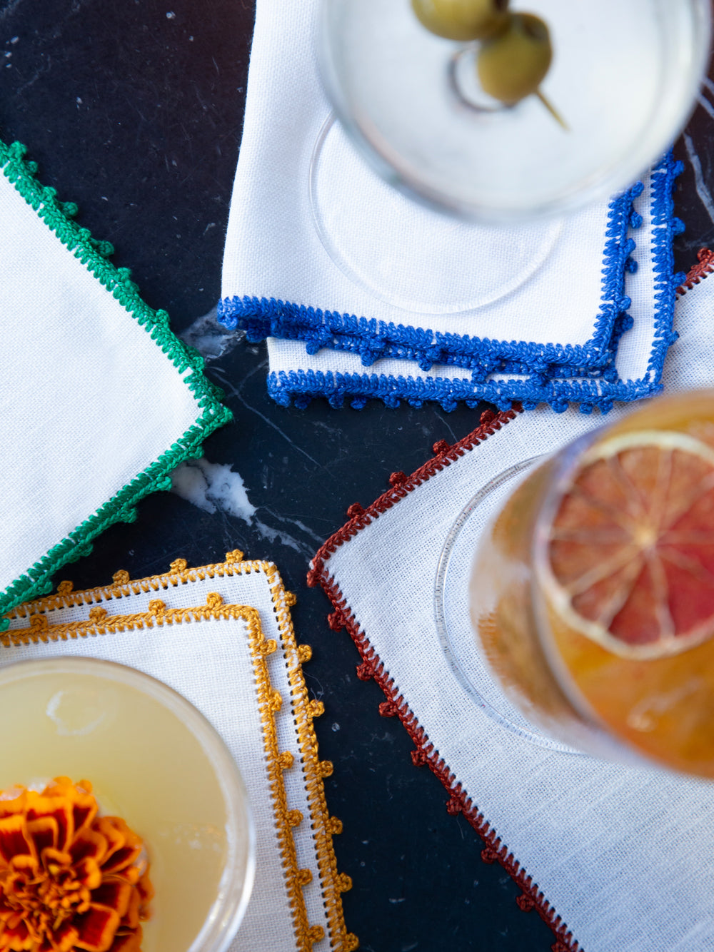 Hand Embroidered Teresa White and Blue Cocktail Napkin