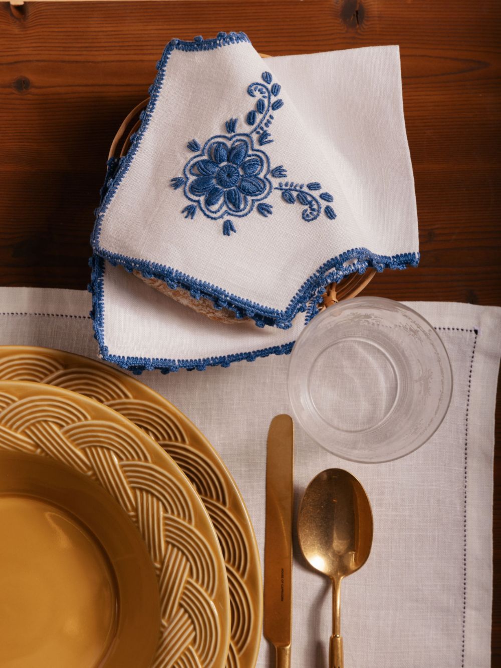 Hand Embroidered Teresa White and Blue Basket Cloth