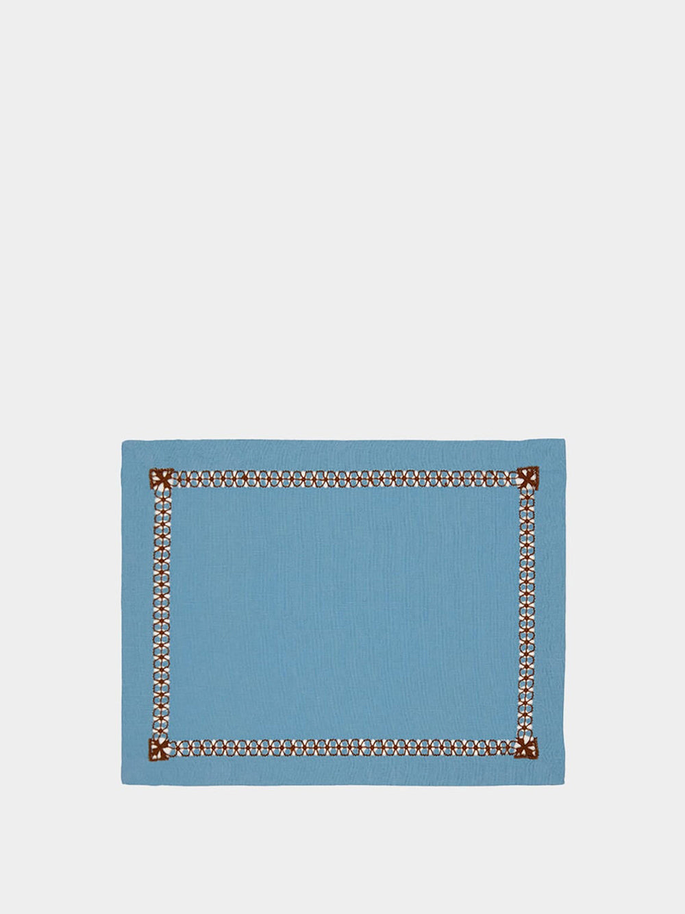 Hand-Embroidered Maria Turquoise Linen with Brown Embroidery Placemat