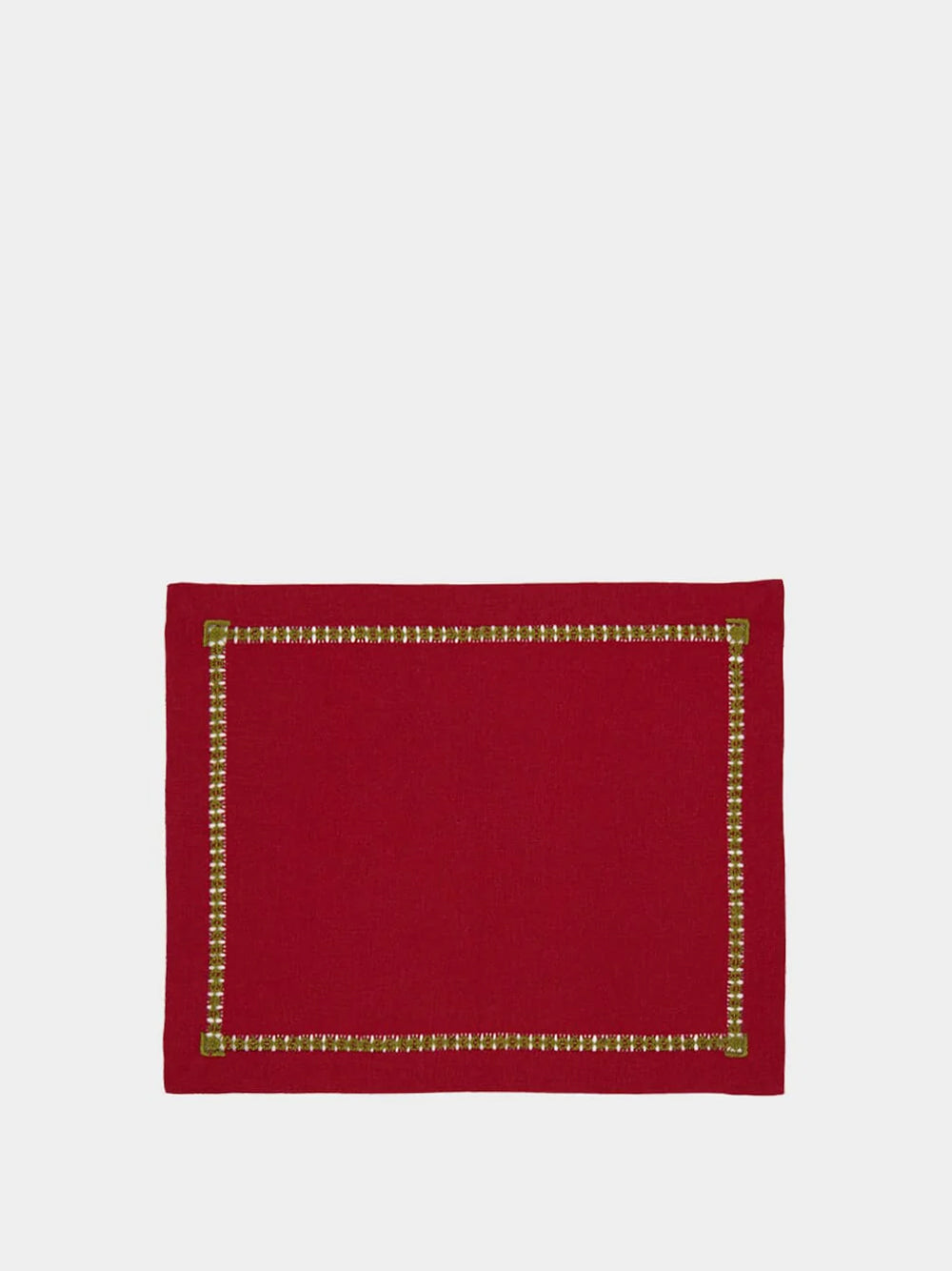 Hand-Embroidered Maria Bordeaux Linen with Green Embroidery Placemat