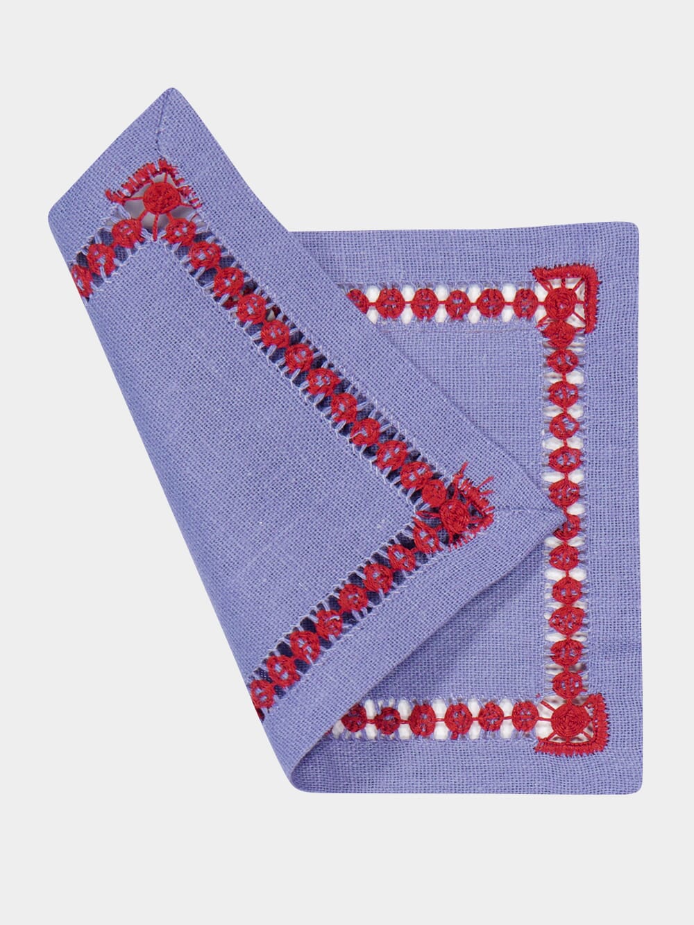 Hand Embroidered Maria Blue and Brick Cocktail Napkin