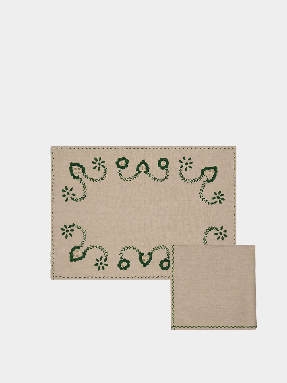 Hand Embroidered Viana Beige and Green Placemat and Napkin Set