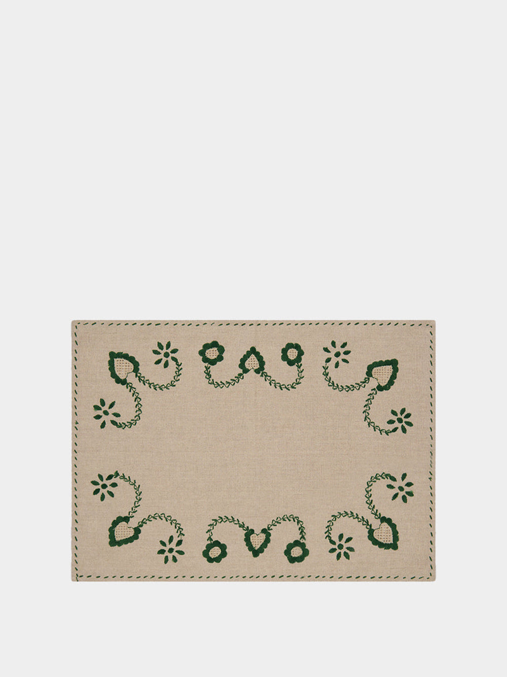 Hand-Embroidered Viana Beige Linen with Green Embroidery Placemat and Napkin Set