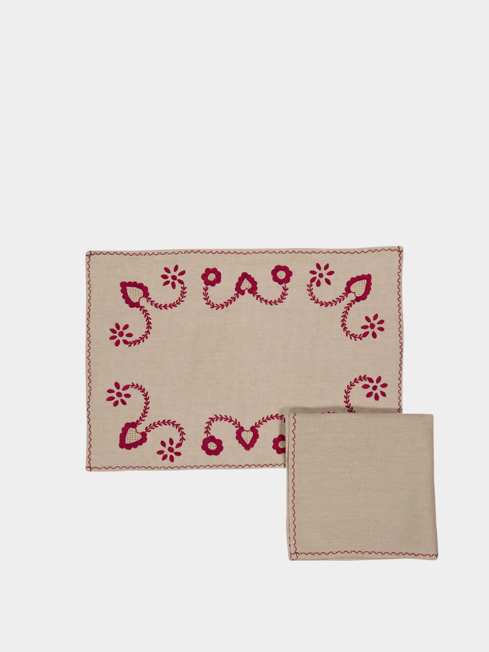 Hand Embroidered Viana Beige and Red Placemat and Napkin Set