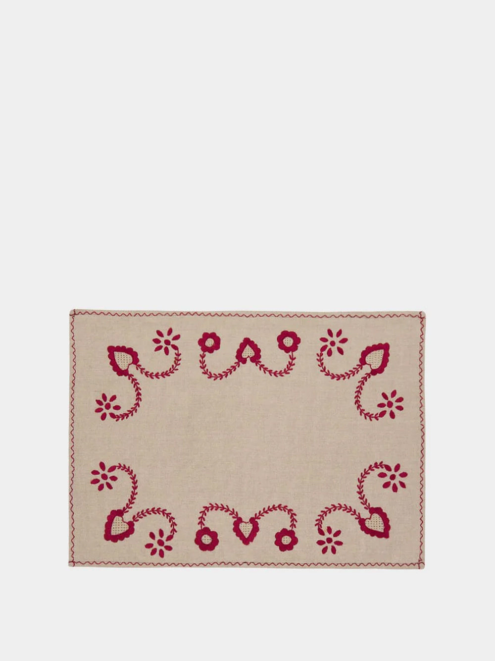 Hand-Embroidered Viana Beige Linen with Red Embroidery Placemat and Napkin Set