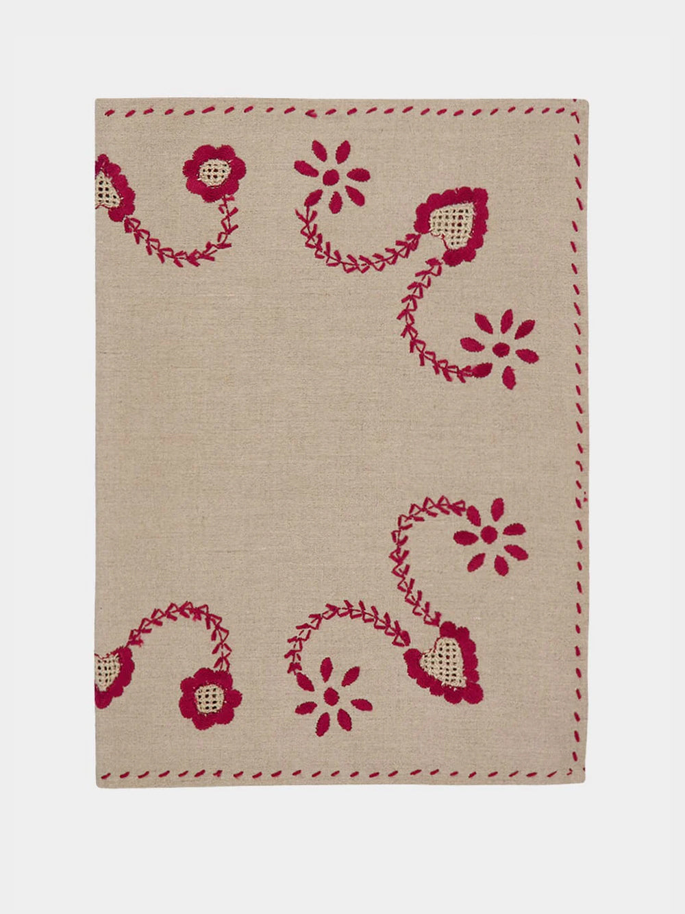 Hand-Embroidered Viana Beige Linen with Red Embroidery Placemat and Napkin Set