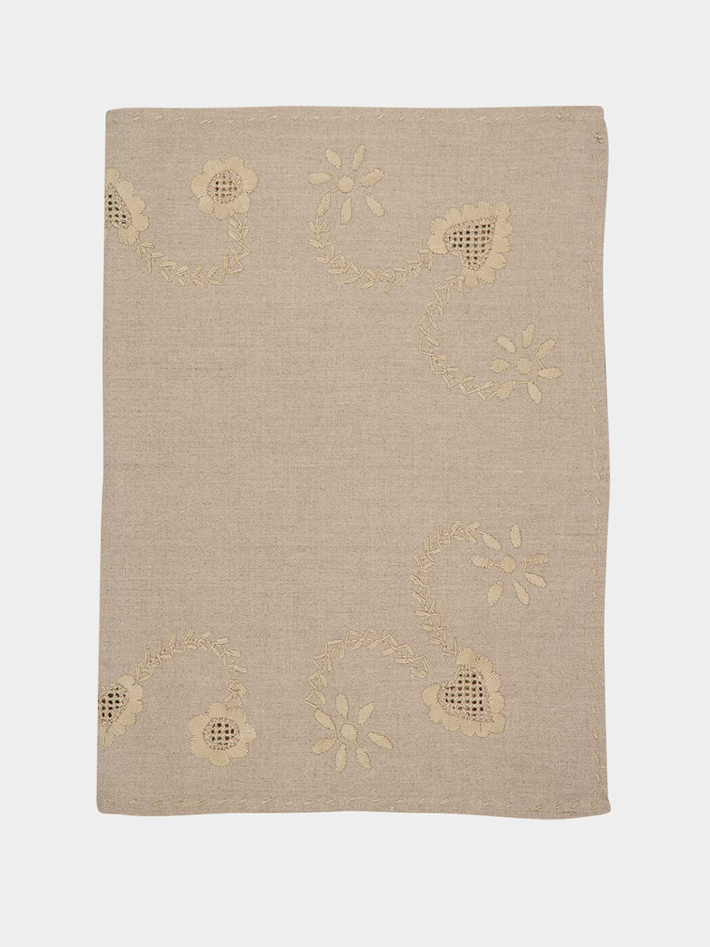 Hand-Embroidered Viana Beige Linen with Beige Embroidery Placemat and Napkin Set