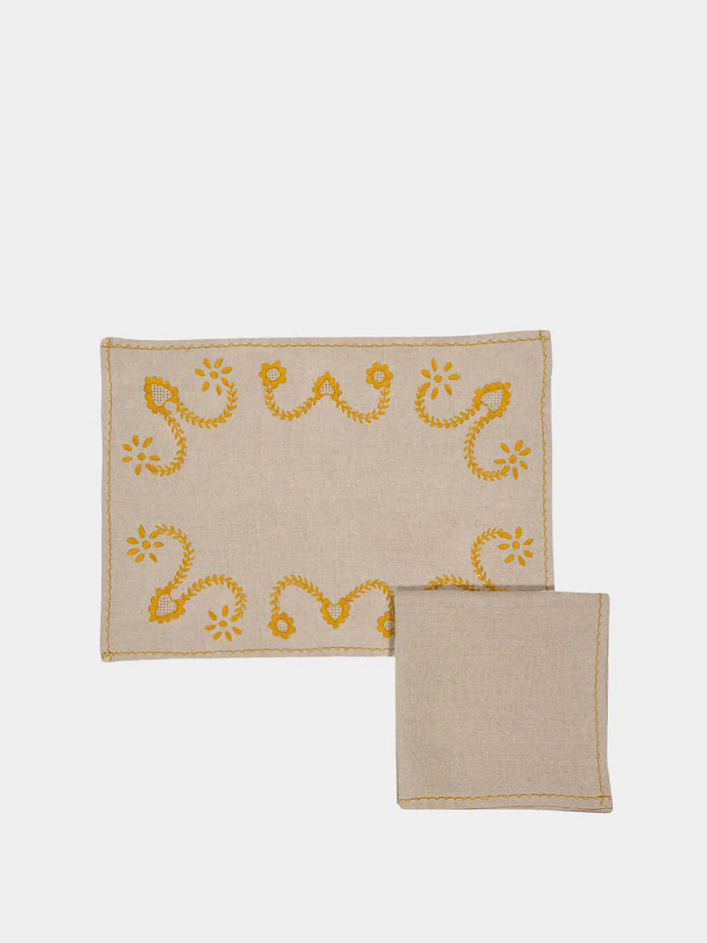 Hand-Embroidered Viana Beige Linen with Yellow Embroidery Placemat and Napkin Set